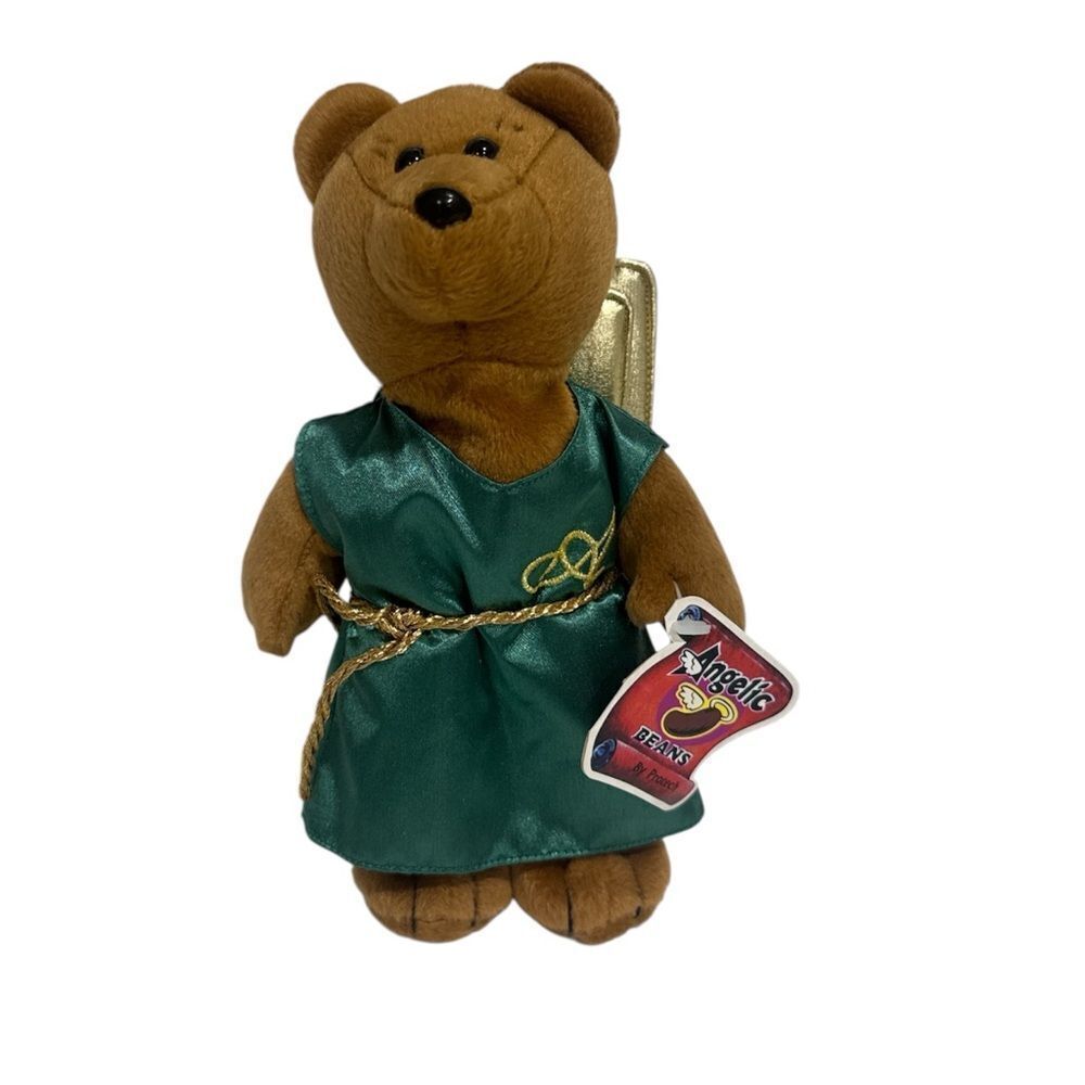 Angel Brown Bear Stuffed Animal with Green Dress NWT